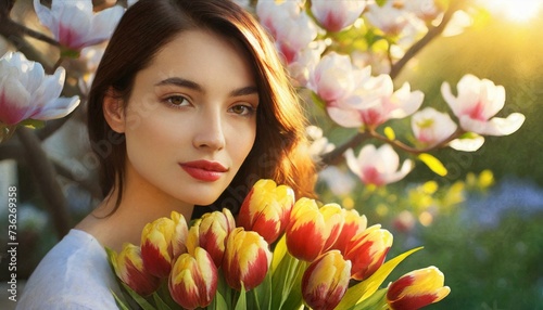 Portrait of a young woman with a bouquet of tulips. A blooming magnolia tree in the background. Women's Day, spring background