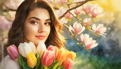 Portrait of a young woman with a bouquet of tulips. A blooming magnolia tree in the background. Women's Day, spring background