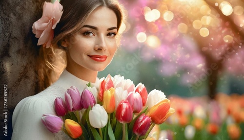 Portrait of a young woman with a bouquet of tulips. A blooming tree in the background. Women's Day, spring background
