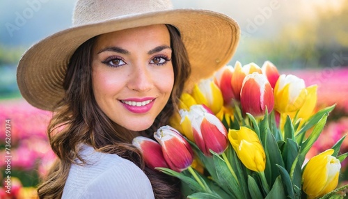 Portret kobiety z tulipanami. Dzień Kobiet