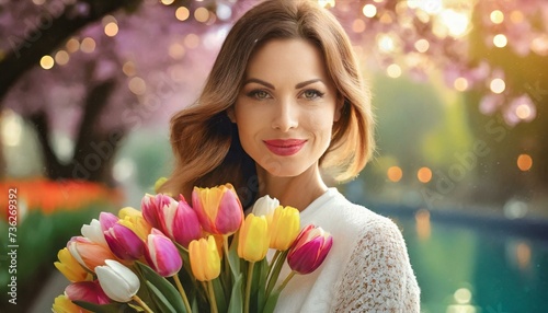 Portrait of a young woman with a bouquet of tulips. A blooming tree in the background. Women's Day, spring background