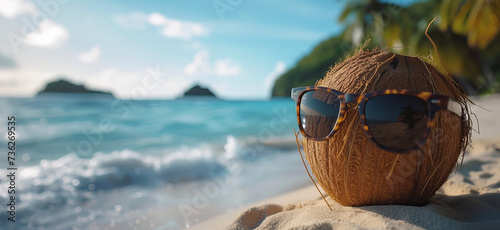 A fresh coconut with glasses lying on a sandy beach with palm trees and an ocean view. Funny summer travel and relaxing concept banner with copy space.