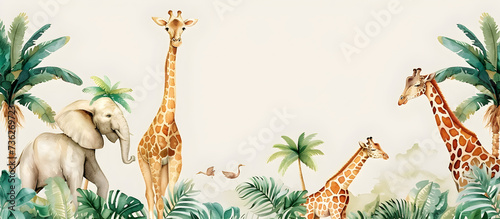 Beautiful tropical seamless pattern with hand-painted watercolor African animals and palm trees, perfect for tropical-themed designs and summer vacation visuals.