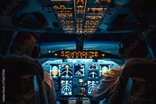 Airline pilots in the plane s cockpit while flying commercially photo