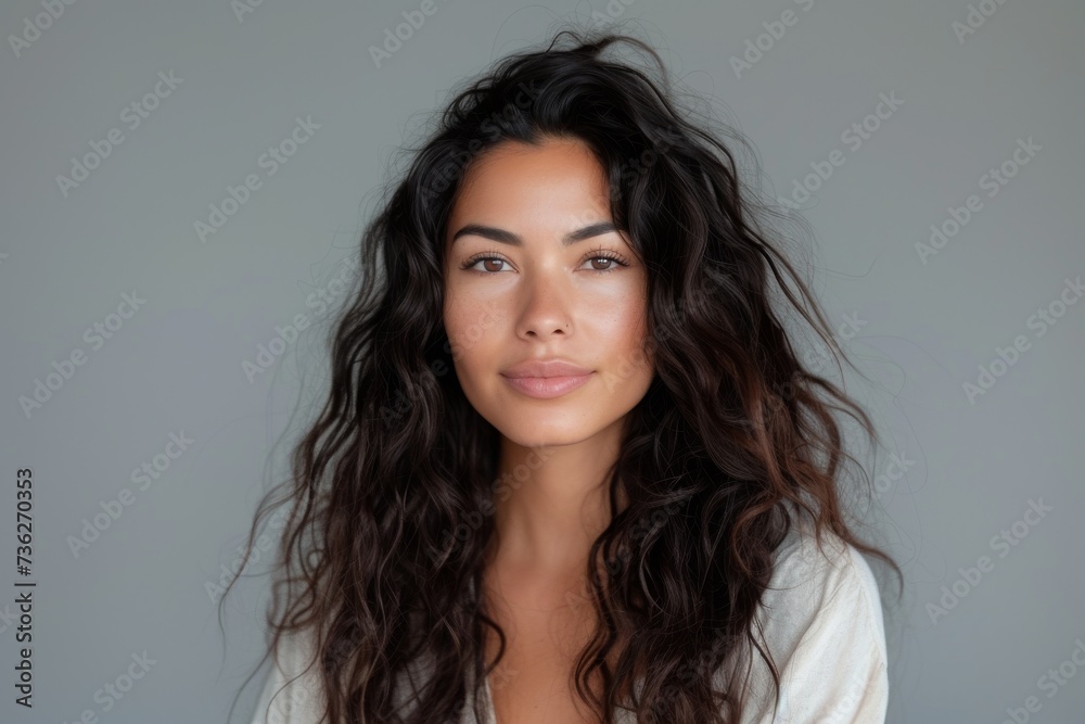 Fototapeta premium Attractive mixed race woman with curly hair posing on grey background