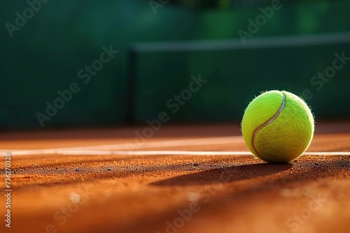 A Close-Up View of a Vibrant Green Tennis Ball Resting on a Clay Court, Illuminated by the Golden Rays of the Setting Sun