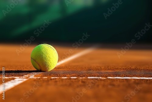 A Close-Up View of a Vibrant Green Tennis Ball Resting on a Clay Court, Illuminated by the Golden Rays of the Setting Sun