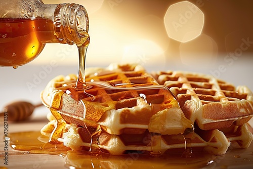 Golden Morning Delight A Close-Up View of Delicious Waffles Drizzled with Amber Maple Syrup, Illuminated by the Warm Glow of Sunrise photo