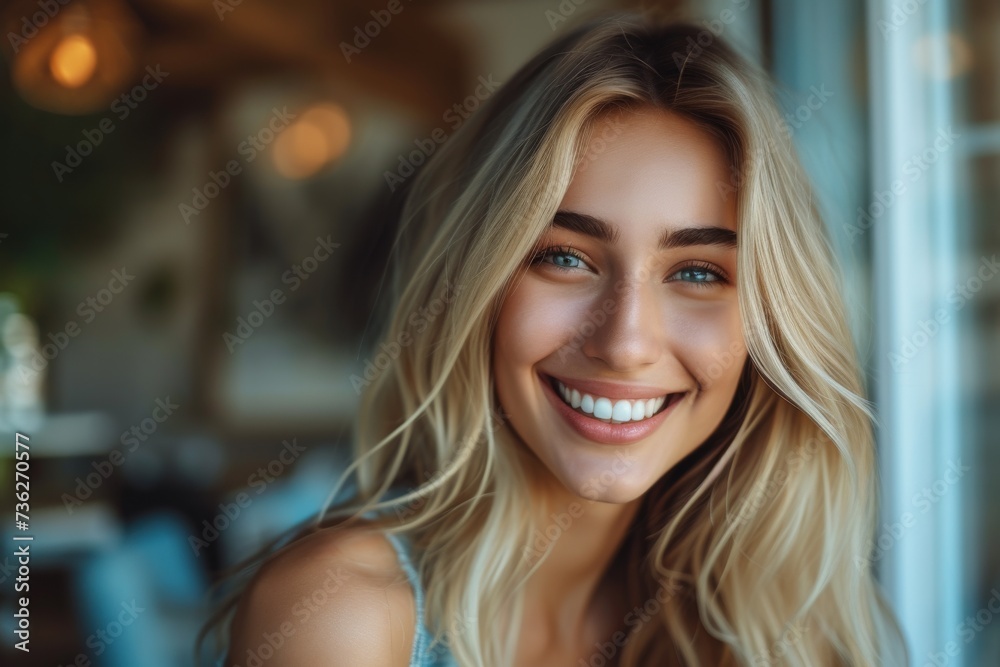 Attractive girl with perfect smile blonde hair and fresh face Beauty and health concept High resolution image