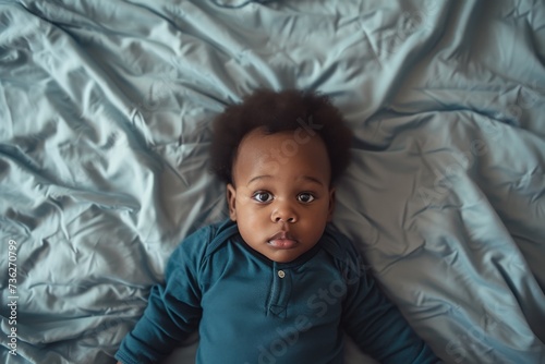 3 month old African American infant rests on the bed