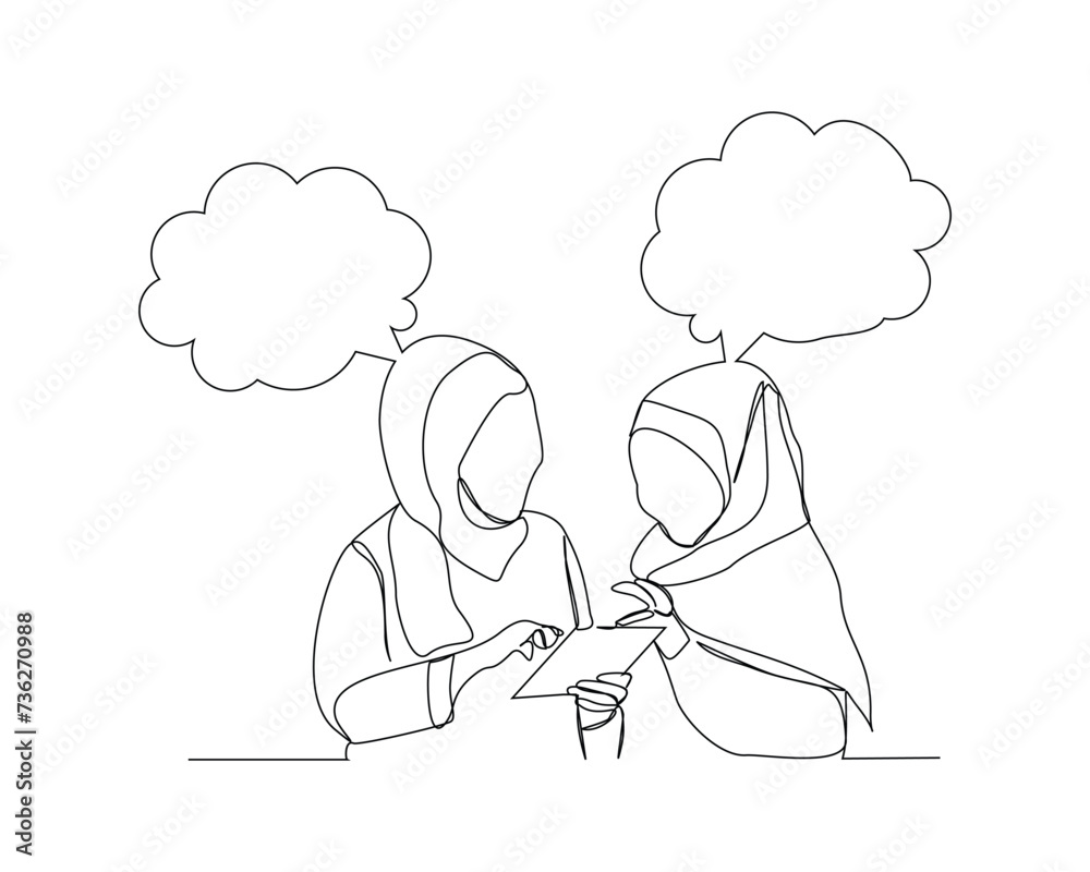 Continuous single line sketch drawing of muslim islamic woman hijab scarf coworker talking something on laptop, bubble chat talk. One line art of office worker employee vector illustration Continuous single line sketch drawing of muslim islamic woman hijab scarf coworker talking something on laptop, bubble chat talk. One line art of office worker employee vector illustration