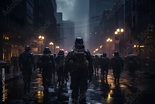 Soldiers walking down war affected city streets © Impact AI