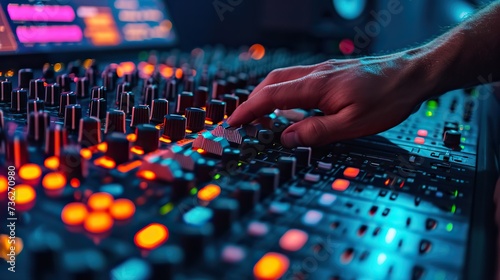 A professional DJ's hand expertly adjusting the faders and knobs on a vibrant sound mixing console at an event.