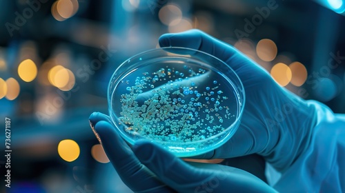 A lab technician in blue gloves meticulously examines the growth of a bacterial culture in a Petri dish against a backdrop of laboratory bokeh. photo