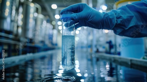 A scientist in protective gloves holds up a clear cylinder containing a water sample for evaluation in an industrial water treatment facility.
