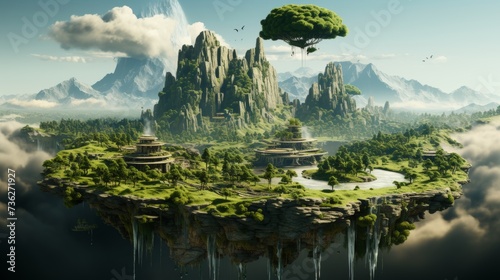 3D illustration floating land with waterfalls, green grass, trees, and mountains. Forest island flying in air with beautiful scenery isolated from clouds.