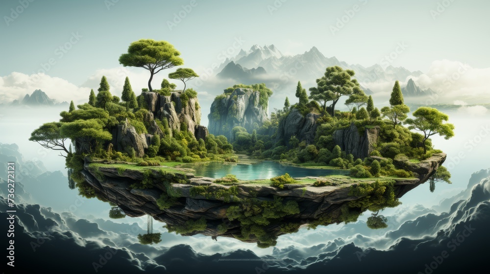 Isolated floating island with waterfalls, trees, green grass, river. Surrealism of flying island with waterfalls and trees, landscape. - obrazy, fototapety, plakaty 