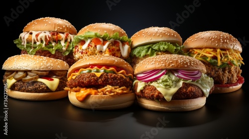 This collection of fast food dishes is isolated on a white background. It includes burgers, meats, shawarma, sandwiches, pizzas, tacos, chicken nuggets, hotdogs, and taco shells.