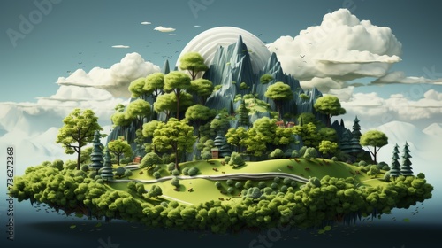 This 3D illustration shows a green island forest isolated on a white background with trees, mountains, green grass, and clouds. © Zaleman