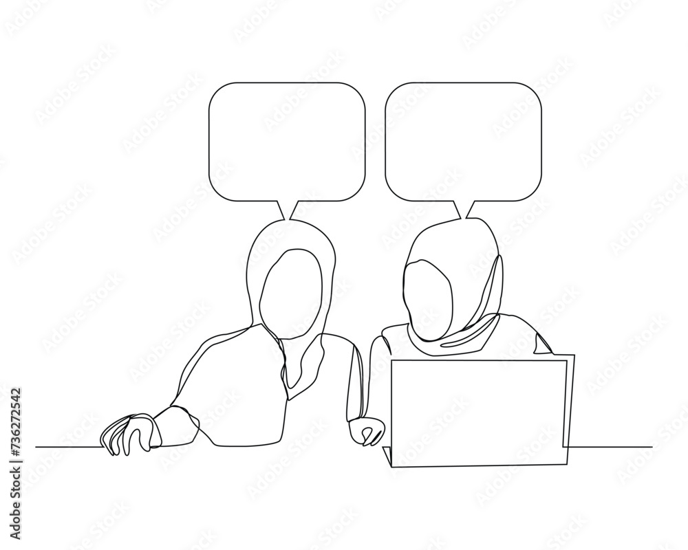 Continuous single line sketch drawing of muslim islamic woman hijab scarf coworker talking something on laptop, bubble chat talk. One line art of office worker employee vector illustration