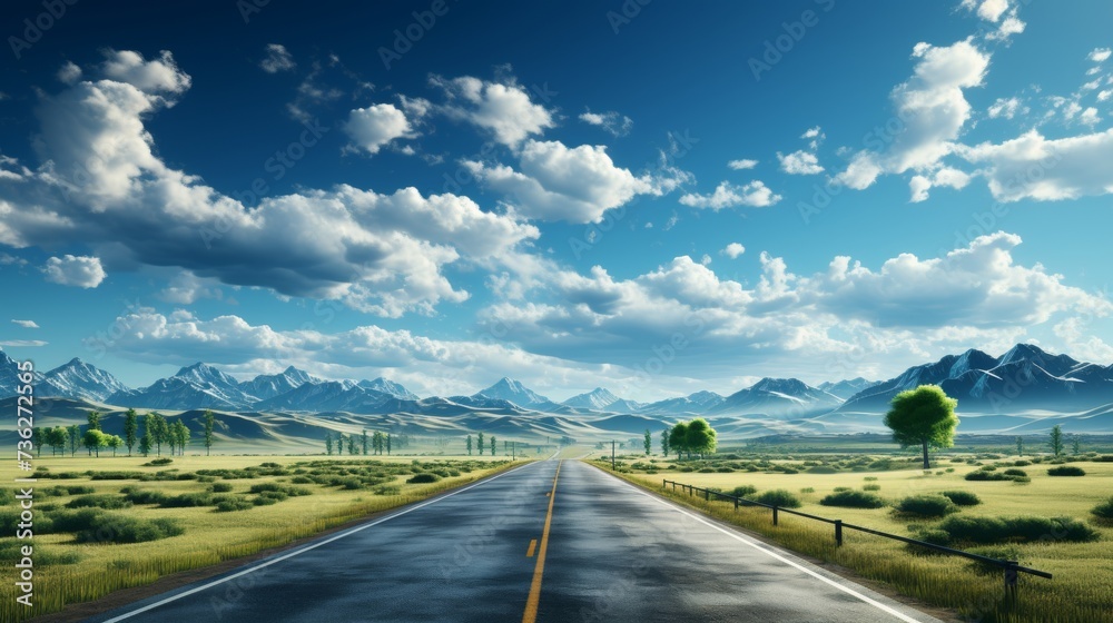 The illustration shows a straight highway road isolated with cloudy skies. It is a motorway creative advertising design. The illustration shows a bending highway road isolated.