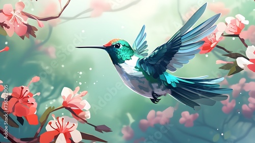 Flying hummingbird web banner. National Hummingbird Day. Flying hummingbird with flowers background. Small colorful bird in flight