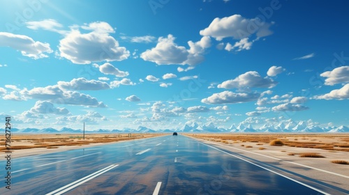 An abstract background is used for this 3D rendered road with lines and clouds. This graphic illustrates a realistic 3D road with a car background isolated in the foreground. © Zaleman