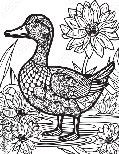 Spring or summer joy themed coloring page with ducklings at the pond