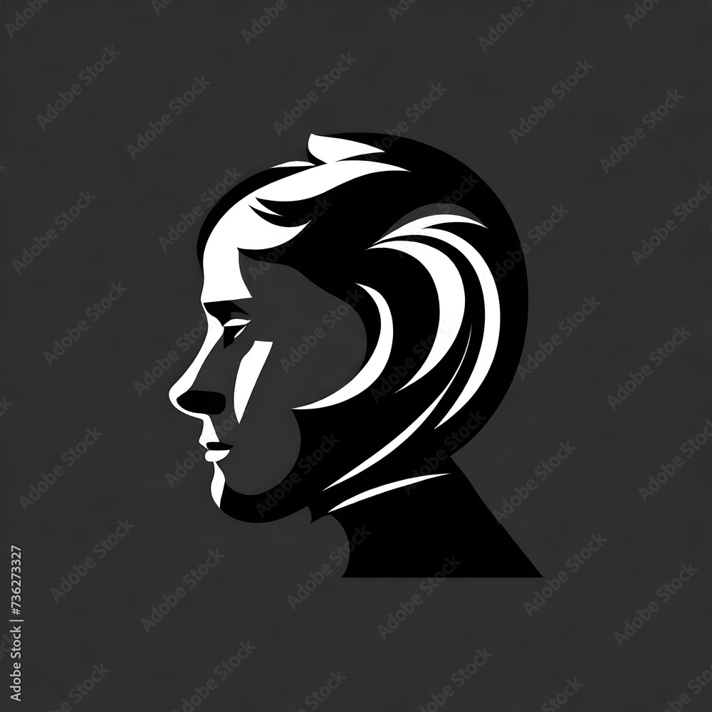 A minimalist flat vector logo featuring the profile of a person's face in a single color, elegantly displayed on a black and white solid background. 