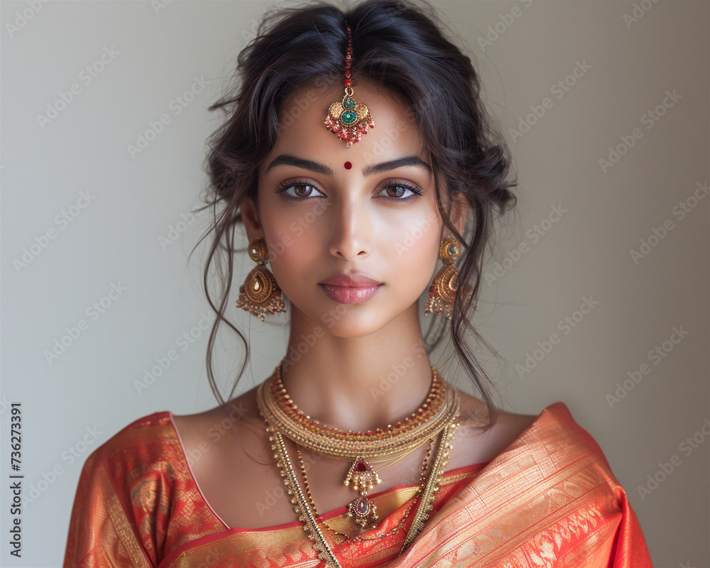 Beautiful Indian Marathi woman wearing traditional sari and jewelry. Image of traditional clothes Ugadi or Gudi Padwa celebration. Hindu New Year. Religion and ethnic concept. Beautiful Indian Marathi woman wearing traditional sari and jewelry. Image of traditional clothes Ugadi or Gudi Padwa celebration. Hindu New Year. Religion and ethnic concept.