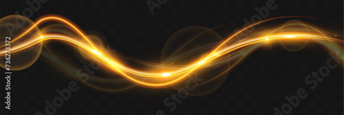 Light wave of shiny gold lines.Gold color glowing design element.Wavy bright stripes.
