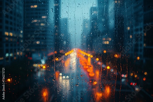 As the rain fell gently, the city lights reflected off the wet streets, creating a peaceful yet lively atmosphere outside the window of the tall building