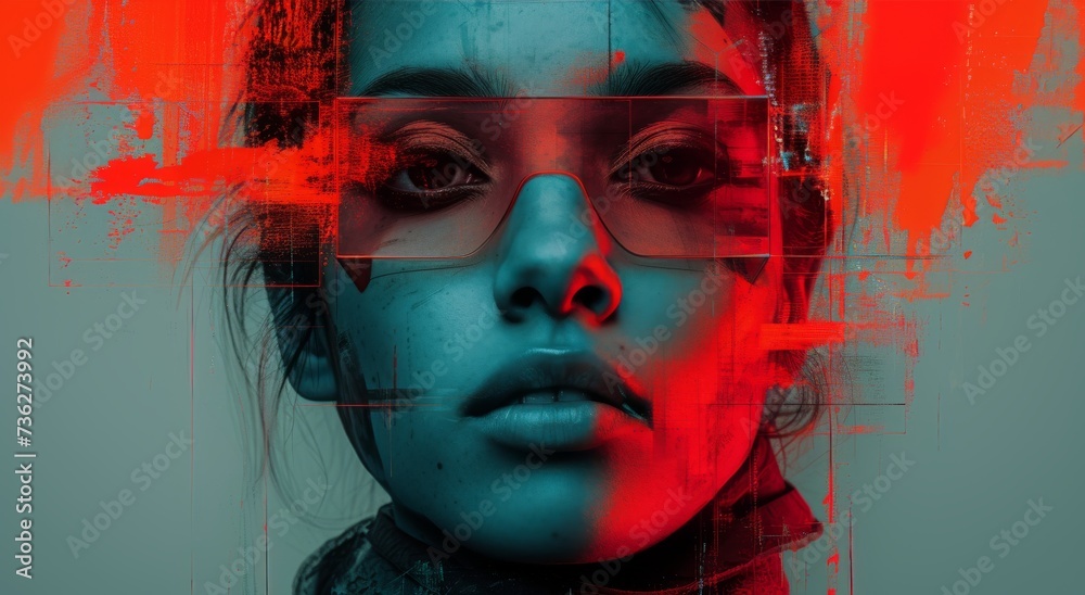 A striking portrait of a contemplative girl with glasses, illuminated by a vibrant mix of red and blue light, captured in a stunning painted masterpiece that captures the intricacies of the human fac