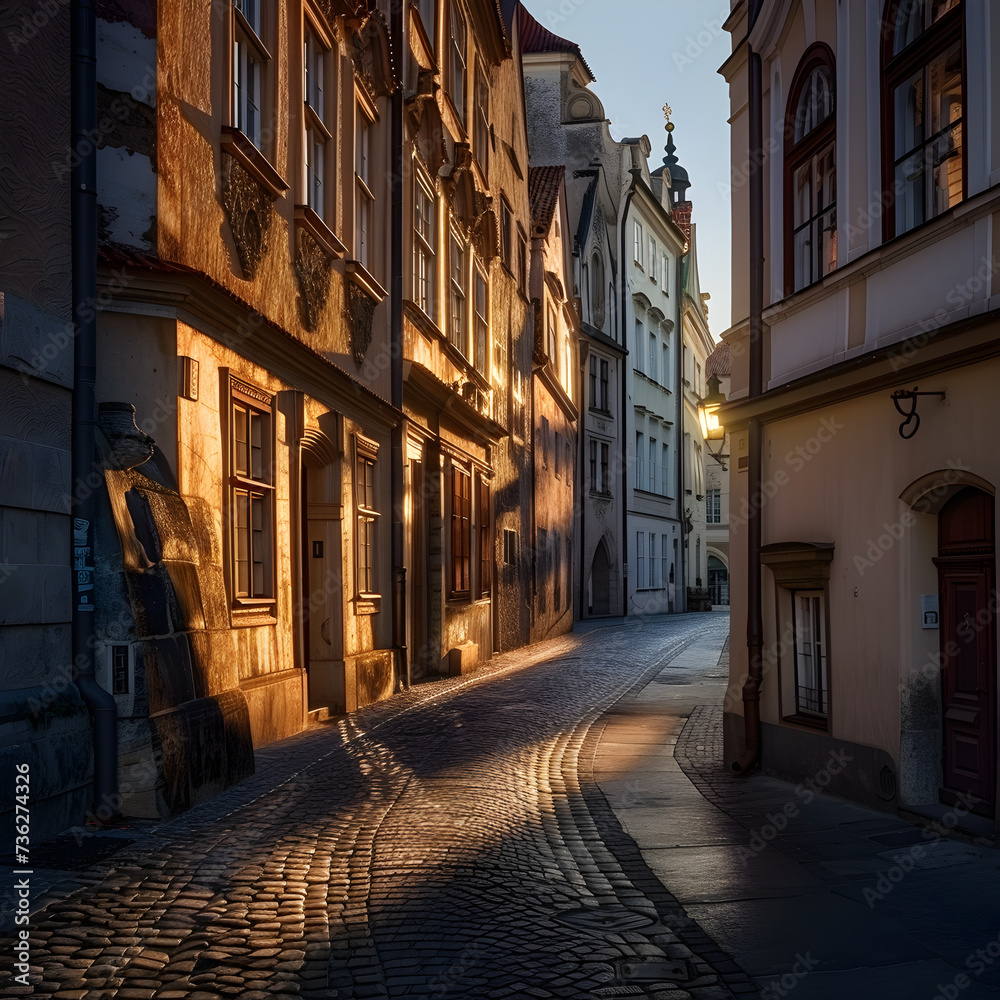 Highlight the contrast between shadow and light as dawn breaks over historic facades.