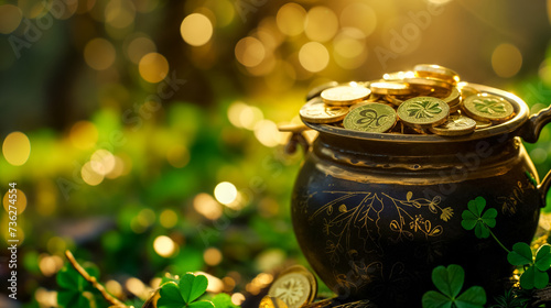 Pot of gold coins amidst clovers with bokeh light background, symbolizing luck and wealth.