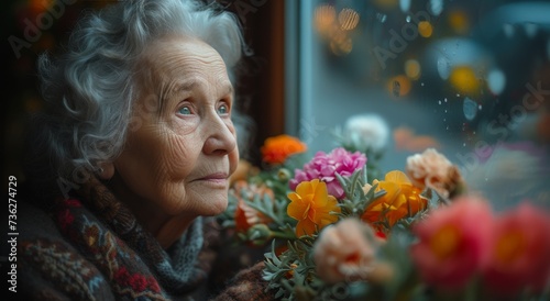 A wistful elderly woman gazes out her window, surrounded by vibrant floral designs and a single rose in hand, lost in memories of her youth