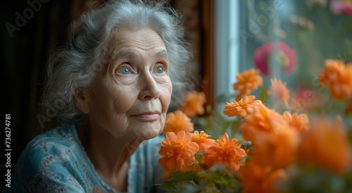 An aged woman gazes upon the delicate petals of a flower, her weathered face reflecting a lifetime of appreciation for the beauty of nature