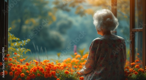 Amidst the lush outdoor plants, a solitary figure gazes wistfully through the window at the vibrant orange flowers, reminiscing on a life full of beauty and growth