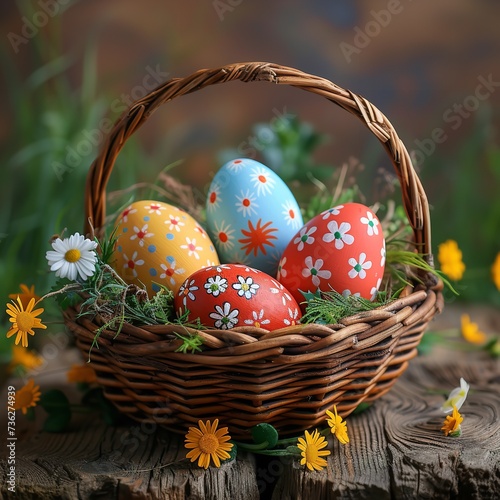 Happy easter, Easter painted eggs in the basket on wooden rustic table for your decoration in holiday. copy space