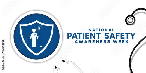 National Patient Safety Awareness Week. Shields, hearts, stestoscopes and people icons. cards, banners, posters, social media and more. White background.