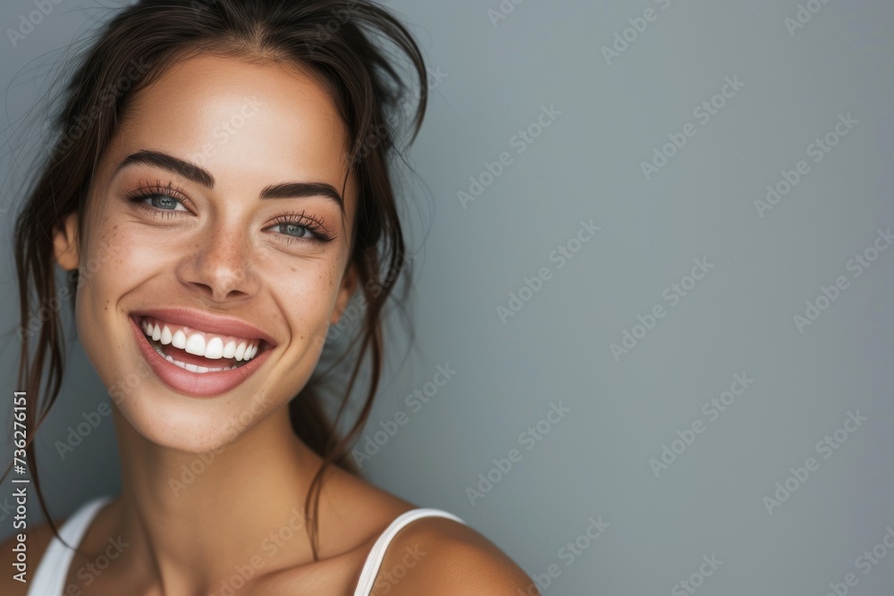 Beautiful woman with empty space smiling on gray backdrop Beautiful woman with empty space smiling on gray backdrop
