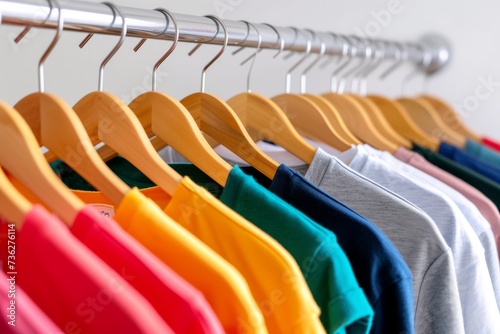 Arrange colorful t shirts on hangers in a closet or on a clothing rack