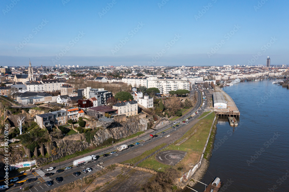 A photo from a drone of the French city of Nantes on the Loire River.