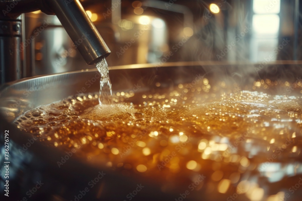 Golden ale pours into a brewing vat with a frothy head, capturing the essence of the craft beer brewing process. This image is suitable for content related to the beer industry or microbrewery - obrazy, fototapety, plakaty 