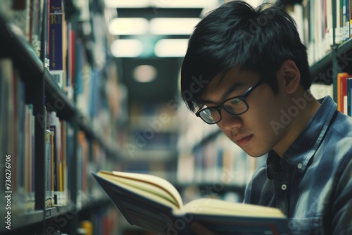 Asian male student studying and reading in the library