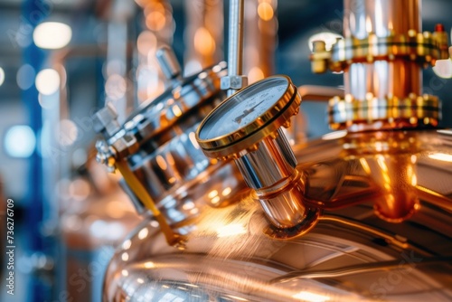 Craft brewery equipment: Stainless steel tanks and gauges with a focus on a pressure meter, essential for the beer brewing process in an industrial or microbrewery setting.. photo