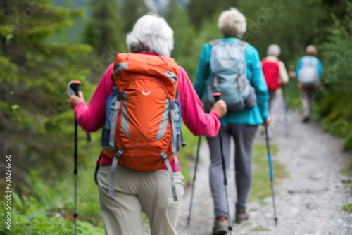a senior hikers in nature, nordic walking in the nature, would fit well in a health magazine feature about maintaining vitality through activity..