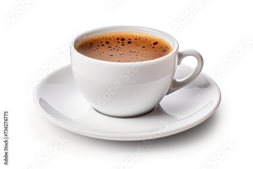 An elegant single cup of coffee with a rich crema, placed on a saucer with scattered coffee beans, suitable for coffee shop menus or caffeine-related marketing..