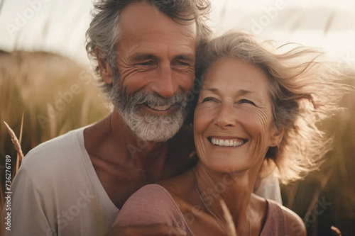 Portrait photo of  70 y.o woman and man, senior couple at seaside, long grass, 