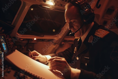 Airline pilot in uniform with notepad writing inside plane wearing epaulettes and headset photo